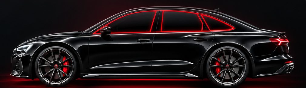Black sport sedan with its windows outlined in red